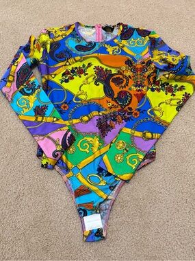 Versace Jeans Collection Multicolor Baroque Print Long Sleeve Bodysuit